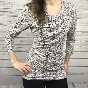 Cabi The Shore Double Draped Top Size S Boat Neck Long Sleeve Animal Print Gray